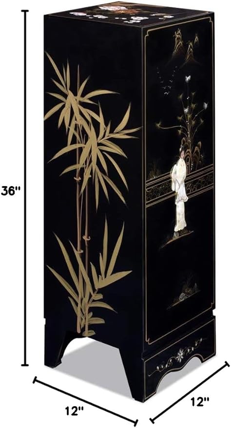 Black Lacquer Mother of Pearl Chinese Pedestal Cabinet - Image 7