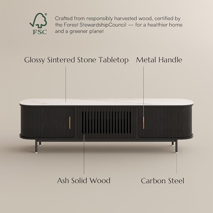 POVISON Fully-Assembled Sliding Tambour Door TV Stand, Mid Century Modern - Image 7