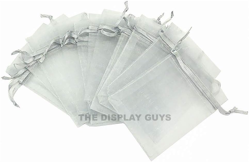 TheDisplayGuys 48-Pack 2" x 2-3/4" Silver Sheer Organza Gift Bags with Drawstring, Jewelry Candy Treat Wedding Party Favors Mesh Pouch