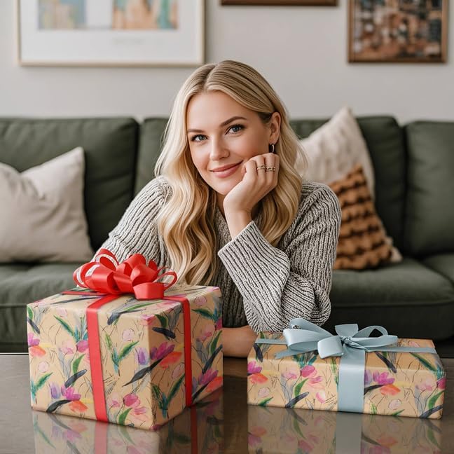 RUSPEPA Flower Wrapping Paper Roll, 17 in x 16.4 ft, Mini Roll, Tulips Watercolor Gift Wrap, Floral Kraft Wrapping Paper for Women, Girls, Spring, Summer, Wedding and Mother's Day