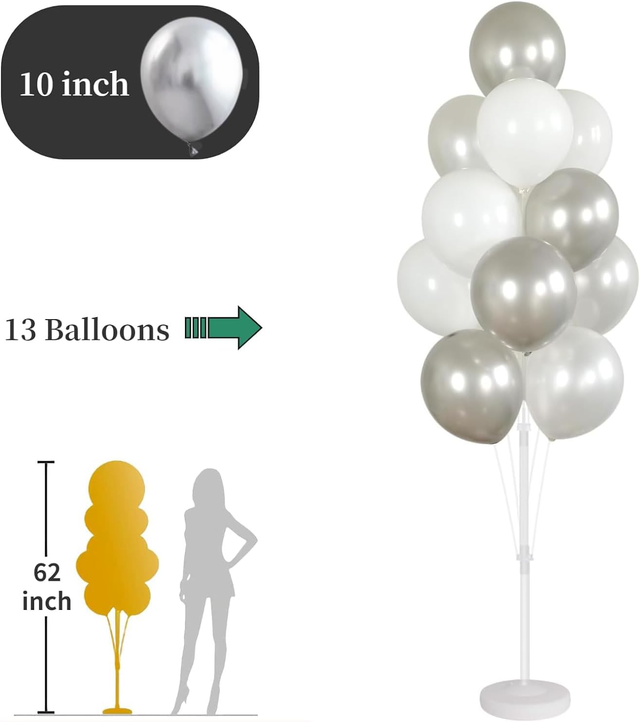 Balloon Stand Kit,Set of 2,Balloon Columns Sticks, Stands for Table&Floor with Stand, Base&Pole,Balloon Tower Backdrop Decoration for Wedding, Baby Shower, Birthday Party, or Bachelorette(Silver)