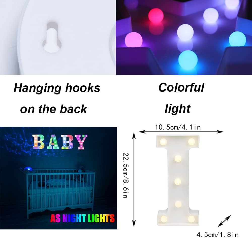 Light Up Colorful LED Marquee Letter lights, 18 Colors Changing Alphabet Letters Sign with Remote Timer for Night Light Girls Bedroom Wedding Birthday Party Lamp Christmas Home Bar Decor- Colorful I