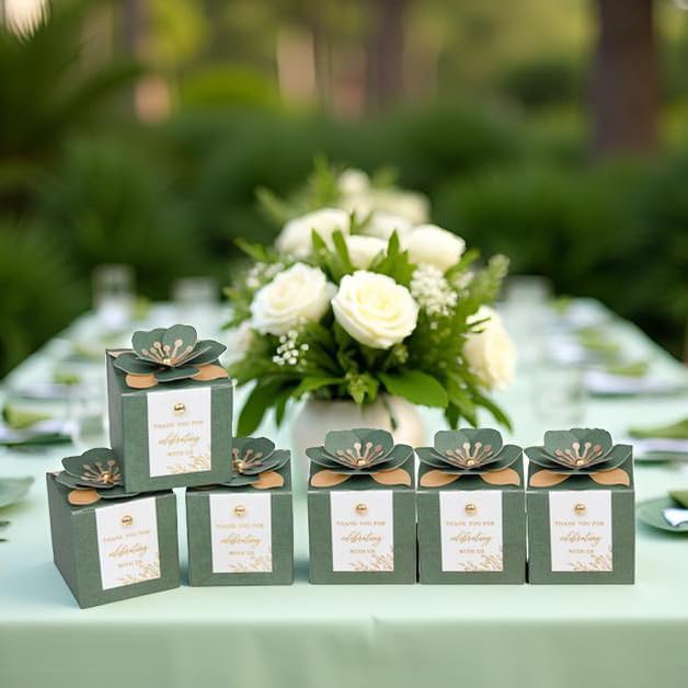 FEIYI 20 PCS Favor Boxes, 3 In 1 Olive Green Candy Boxes with Floral Decor, White Thank You Tags Gold Foil Print Gift wrapping for Wedding, Baby Shower, Birthday, Decorations Party - 2.55x2.55x2.55