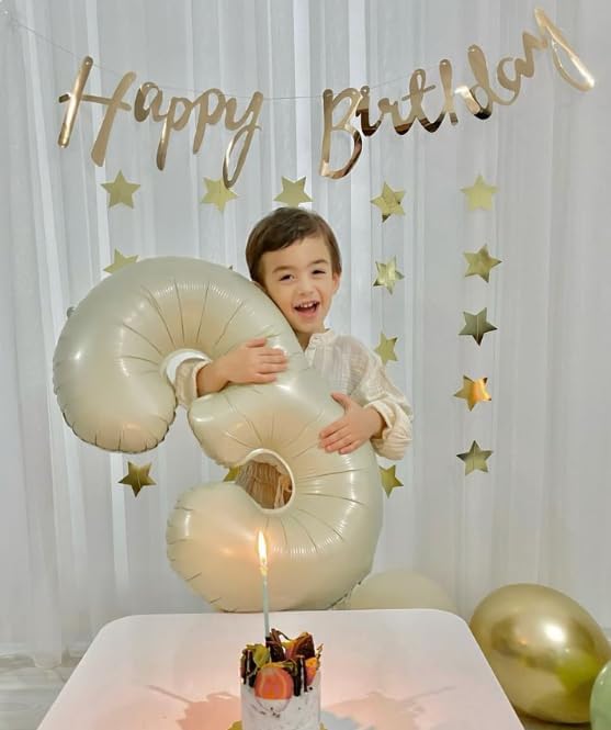Cream White Large 3 Number Balloon 40 Inch, 3 13 23 30 33 36 38 Cream White Birthday Party Decorations, Number Three Foil Balloons for Anniversary Party Graduations Celebration Supplies