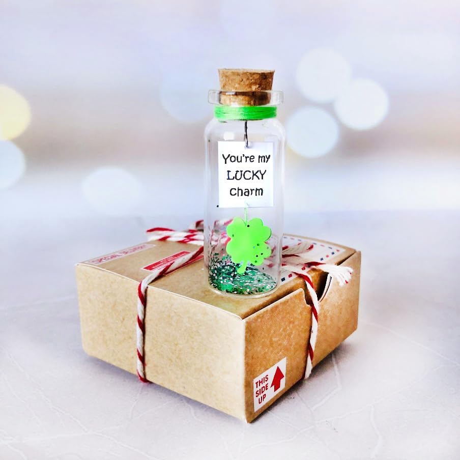 Kseniya Revta Inspirational Message in a Bottle Gift Idea - Classy Gifts for Friends and Family - Unique Boyfriend Girlfriend Presents (Green Clover - You're My Lucky Charm, in Craft Gift Box)