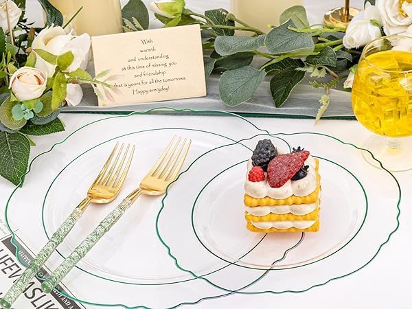 Liacere 150PCS Clear and Green Plastic Plates - Disposable Plates with Glitter Bamboo Handle Cutlery - 60 Baroque Elegant Plates,30Forks,30Spoons,30Knives for St. Patrick's Party