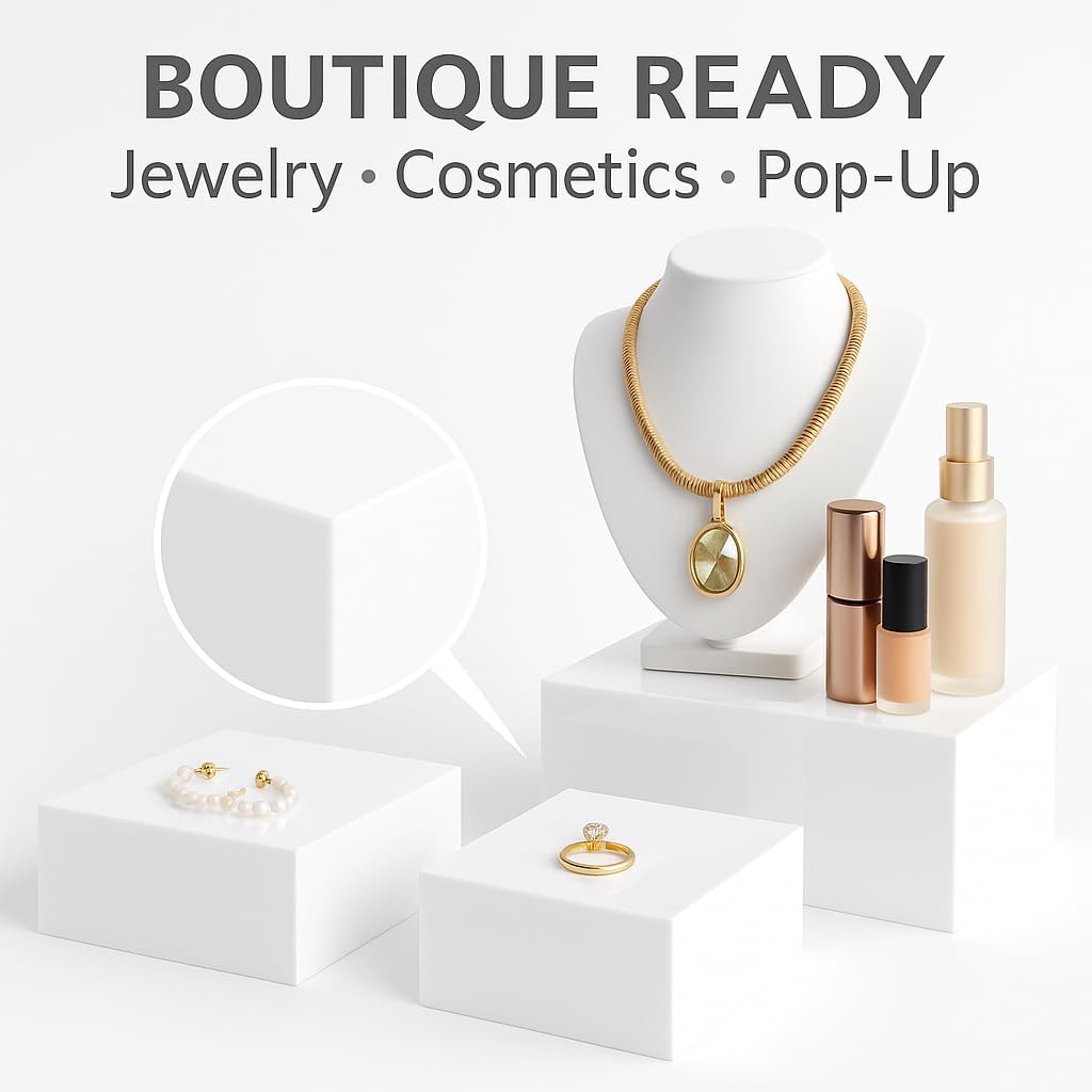 Buffet Risers 4-Pack – White Acrylic Cube Display Stands, Seamless Thick Acrylic Table Risers with Mini Sign Kit, Nesting Dessert, Party, Charcuterie & Retail Displays