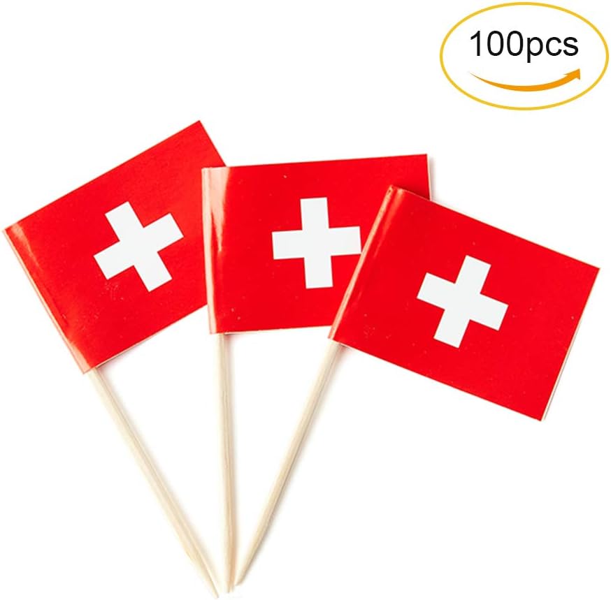 Switzerland Flag Swiss Flag, Small Mini Switzerland Toothpick Flags for Food, Cupcakes, Cocktails, Appetizers, Bar Party Decorations