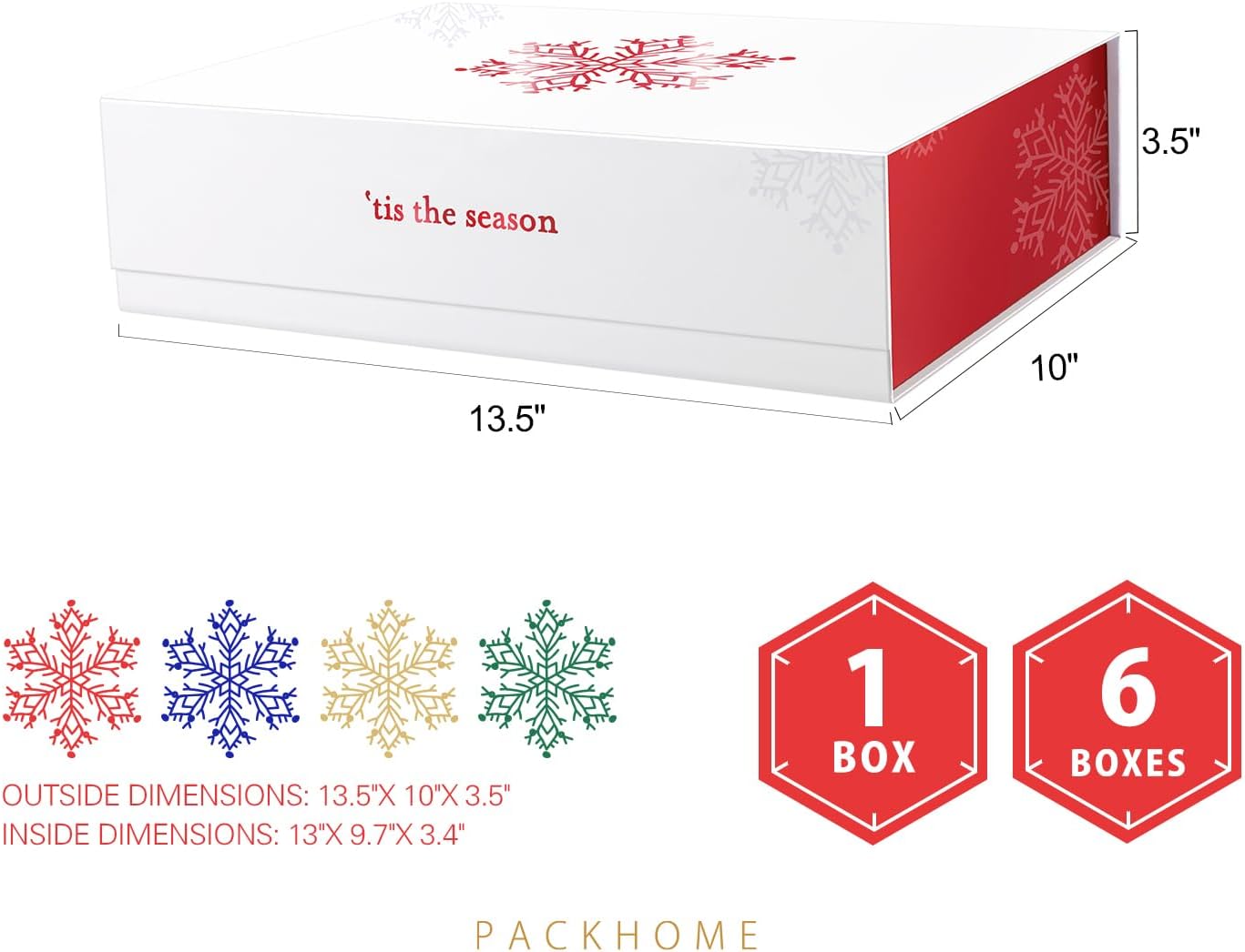 PACKHOME Christmas Gift Box 13x9.7x3.4 Inches, Large Gift Box with Lid, Sturdy Shirt Box with Magnetic Lid for Wrapping Gifts (Red Snowflake Pattern)