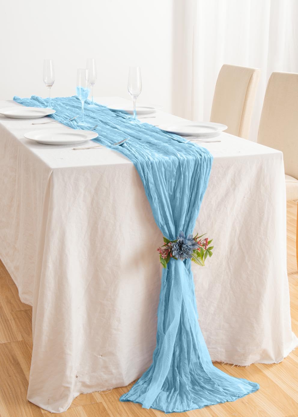 8 Pack 10Ft Table Runner 35x120 inch Baby Blue Boho Gauze Table Cheese Cloth Long Wrinkled Sheer Table Runner for Wedding Bridal Shower Birthday Party Table Decor