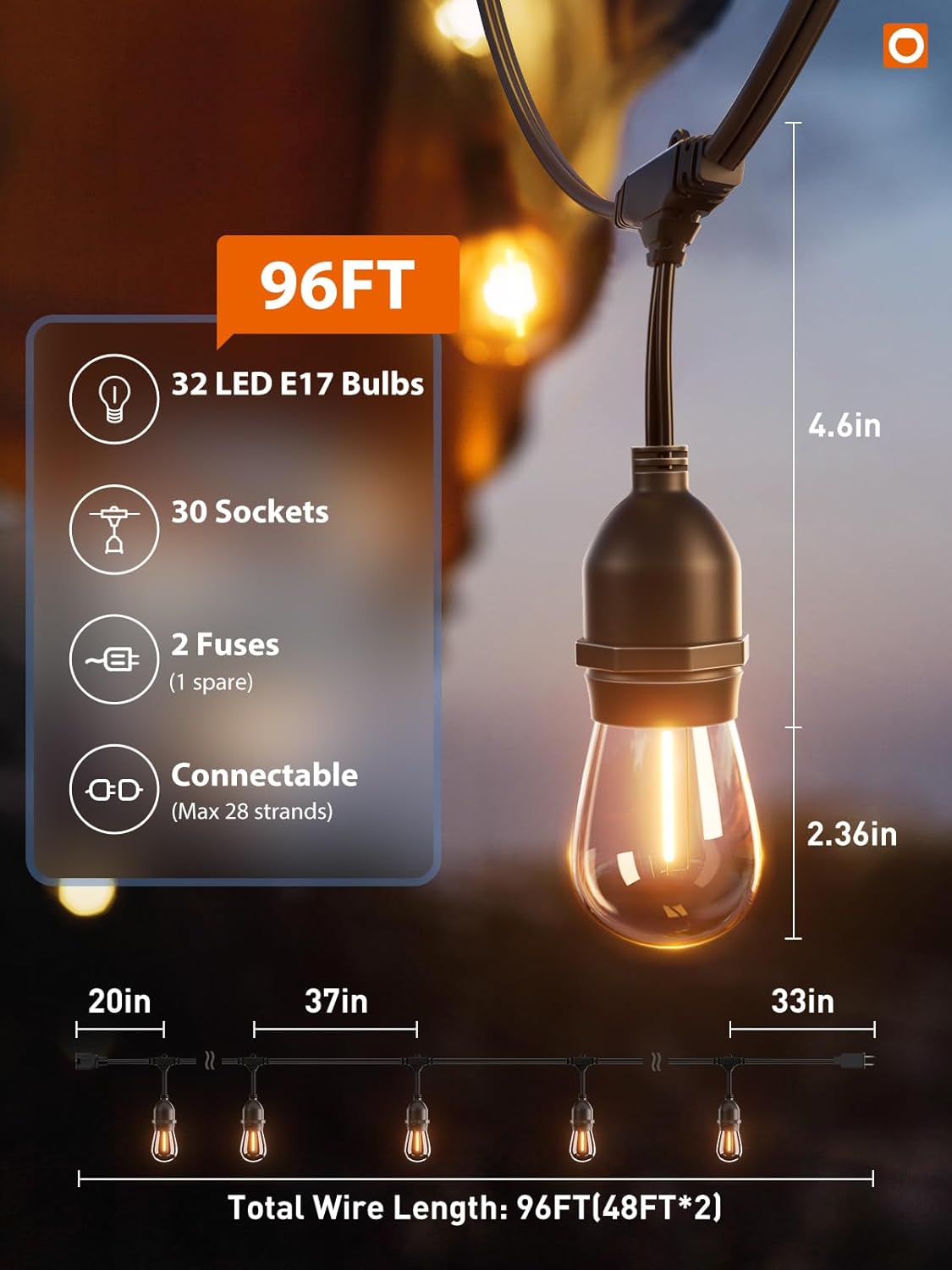 addlon 96FT(48FT*2) LED Outdoor String Lights with Edison Shatterproof Bulbs Commercial Grade Patio Cafe Light, ETL Listed Weatherproof Strand 30 Hanging Sockets for Bistro Backyard