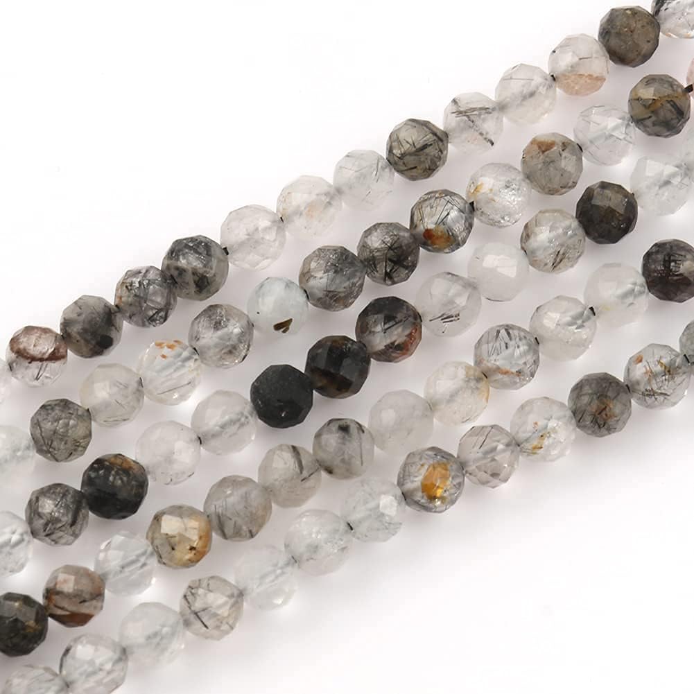 Song Xi 180pcs 2mm Natural Black Rutilated Quartz Gemstone Beads Faceted Round Loose Stone Beads for Jewelry Making