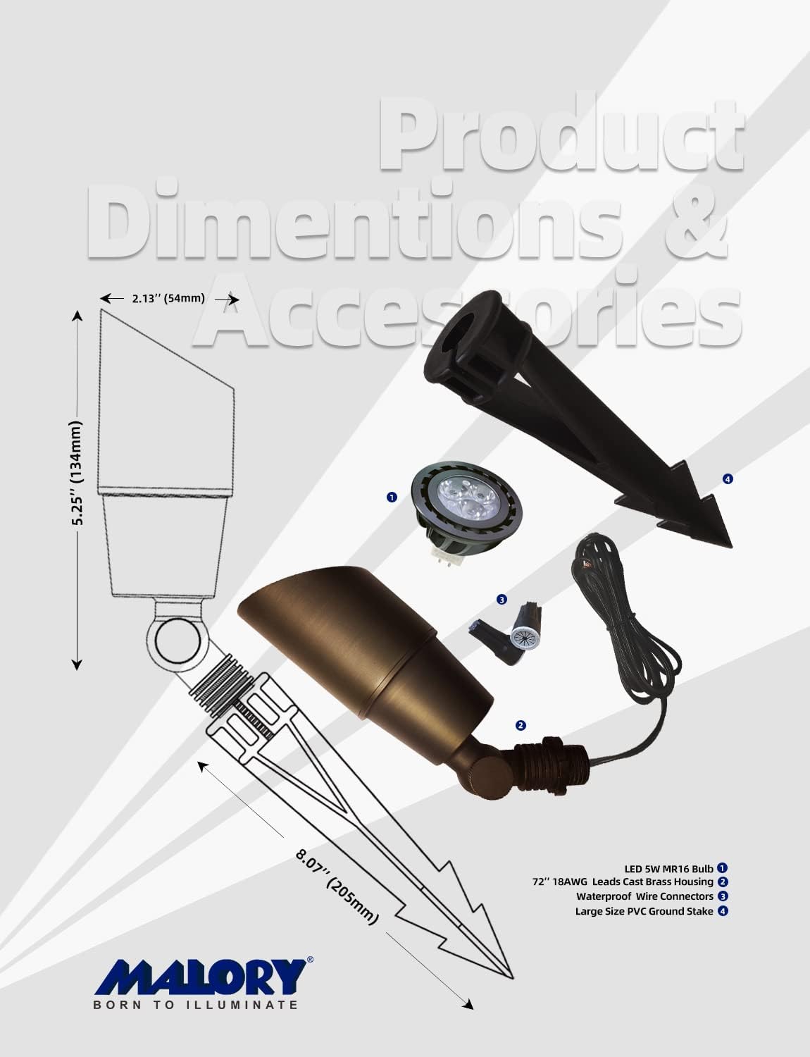 MALORY Brass Landscape Spotlight 10-Pack with Bulb(S01), Low Voltage 12V AC/DC LED Outdoor Landscape Lighting,PVC Ground Stake and Wire Connector Included, Garden Patio Trees Spot Uplight