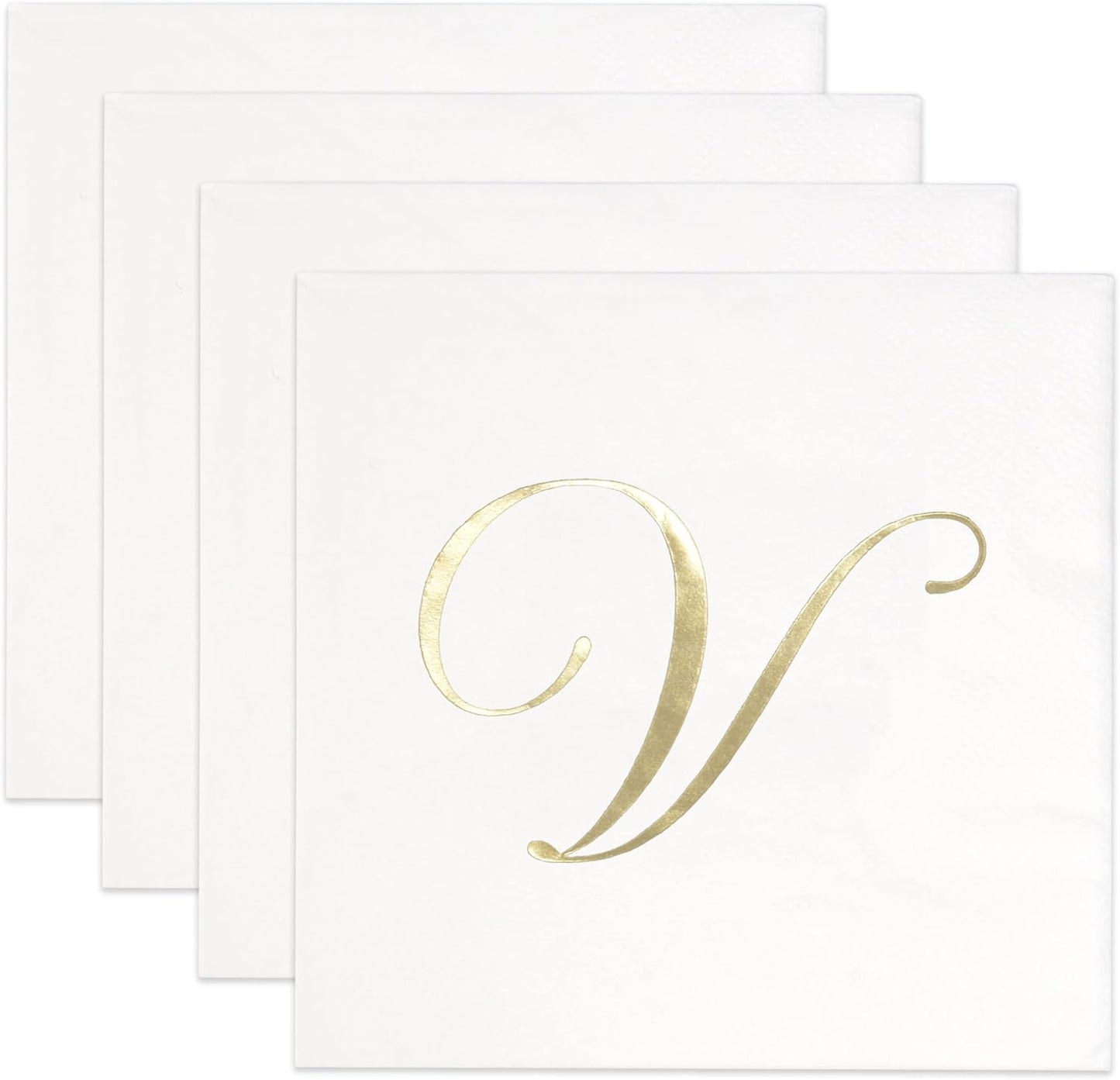 Gift Boutique 100 Gold Monogram Cocktail, Letter V Disposable Paper Pack Elegant Metallic Golden Foil Hand Napkin for Powder Room Wedding Holiday Birthday Party Baby Shower Decorative Towels