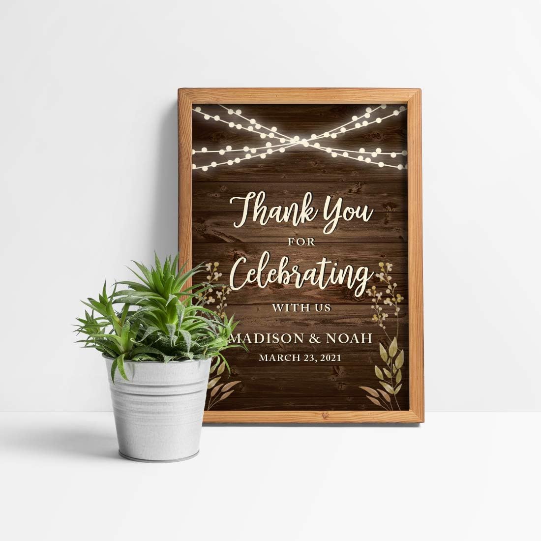 Andaz Press Personalized Extra Large Wedding Easel Party Sign, 12x18-inch, Rustic Wood with Hanging Ball Lights and Florals, Thank You for Celebrating With Us Bride Groom Name Date, 1-Pack, Custom