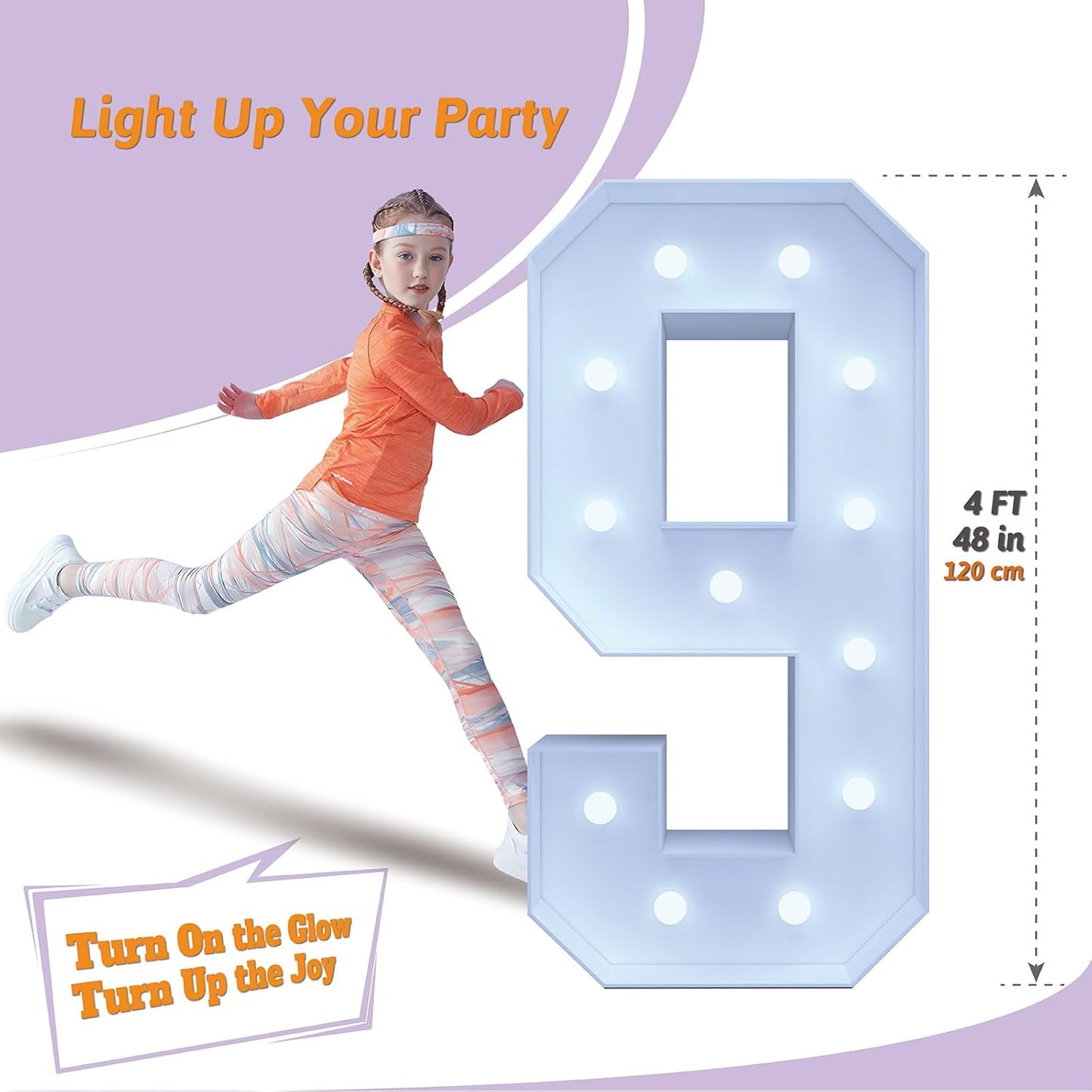 4FT Marquee Light Up Numbers 9 – Cool White LED, Easy to Assemble Foam Board with Back Support, Large Marquee Light Up Numbers for Birthday, Wedding, Party, Anniversary, Baby Shower Decor