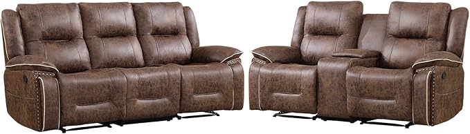 EBELLO Manual Recliner Sofa Set, Faux Leather Reclining Loveseat and 3 Seater - Image 8