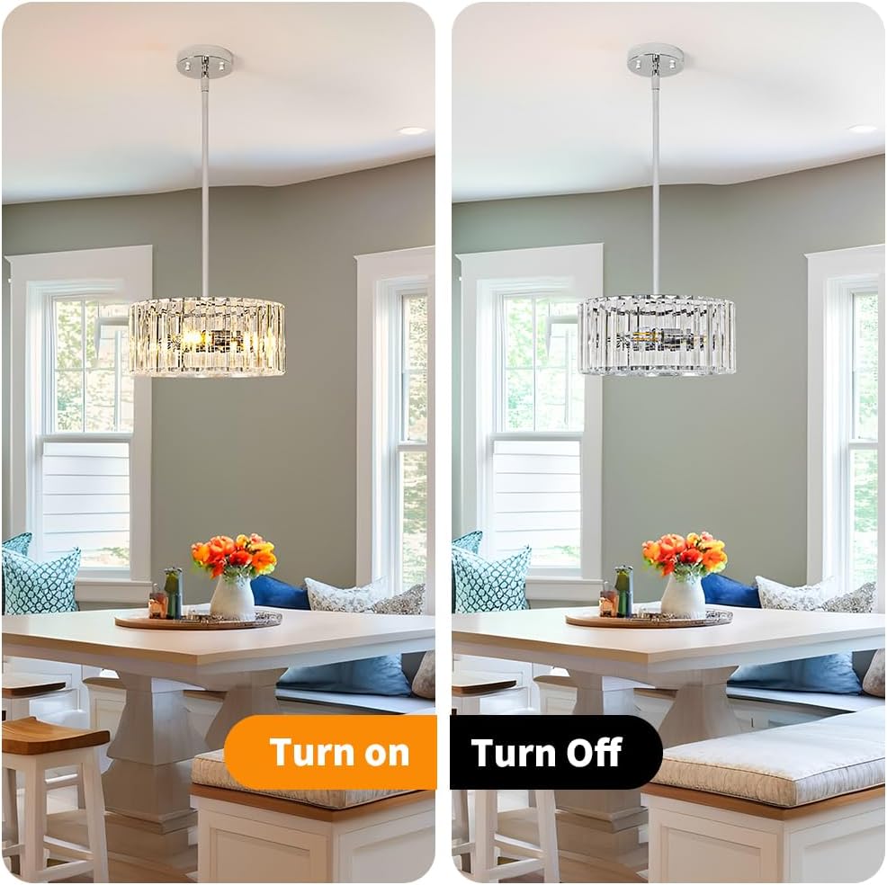 Modern Crystal Chandelier for Dining Room, Chrome Semi Flush Mount Ceiling Light Fixtures, Round Kitchen Hanging Drum Pendant Lights Ceiling, 12” Crystal Pendant Lighting for Foyer Bedroom Living Room