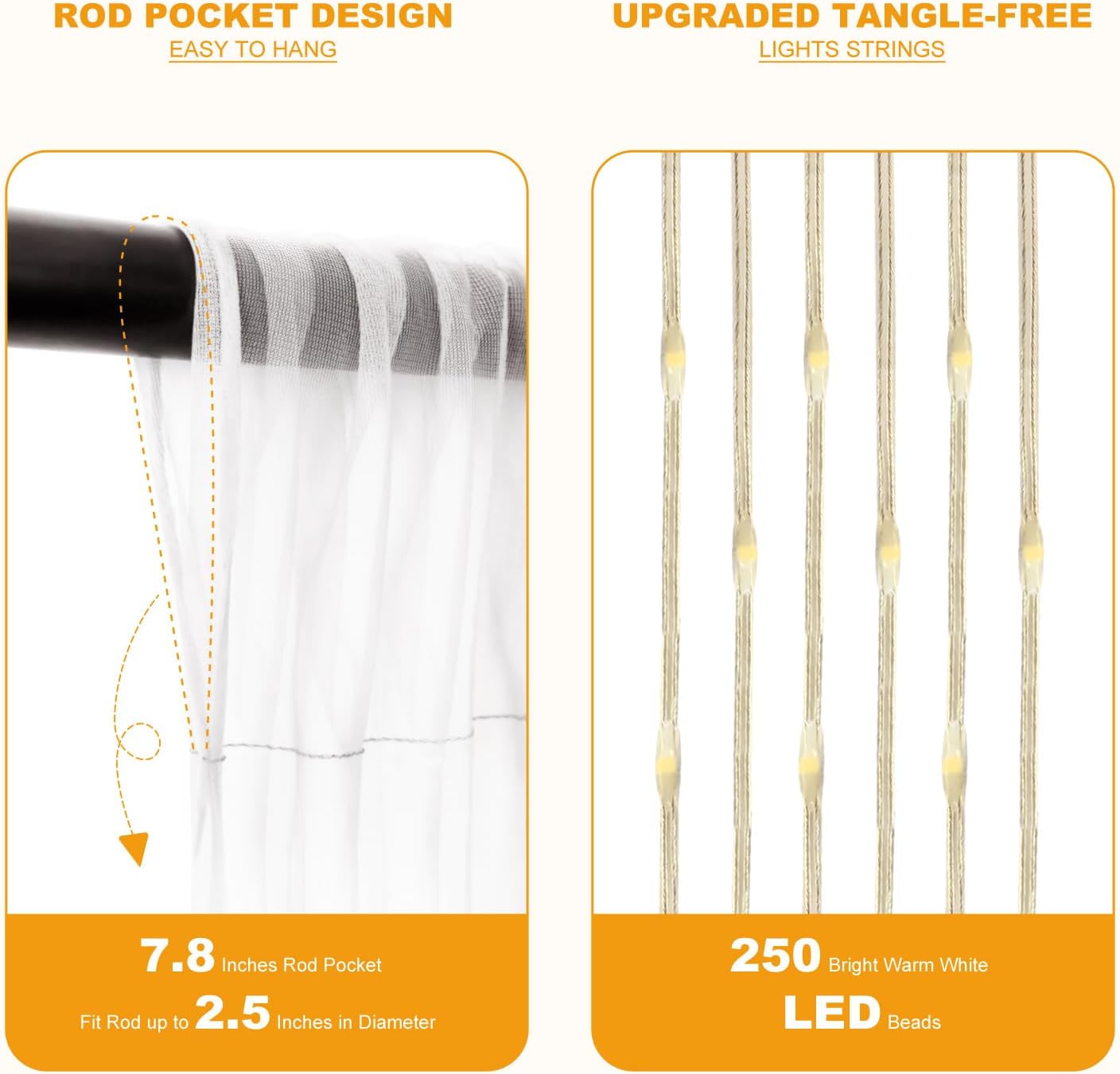 White Tulle Backdrop with Fairy Lights for Parites Wrinkle-Free Sheer Curtain Drapes Photo Back Drop for Wedding Baby Shower Bridal Shower Birthday Dance Home Décor- 10ft×8ft, White