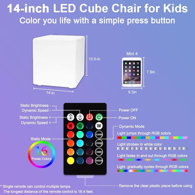 LED Cube Chair for Kids, 14-Inch RGB Color Changing LED Cube Seat w/ Remote - Image 9