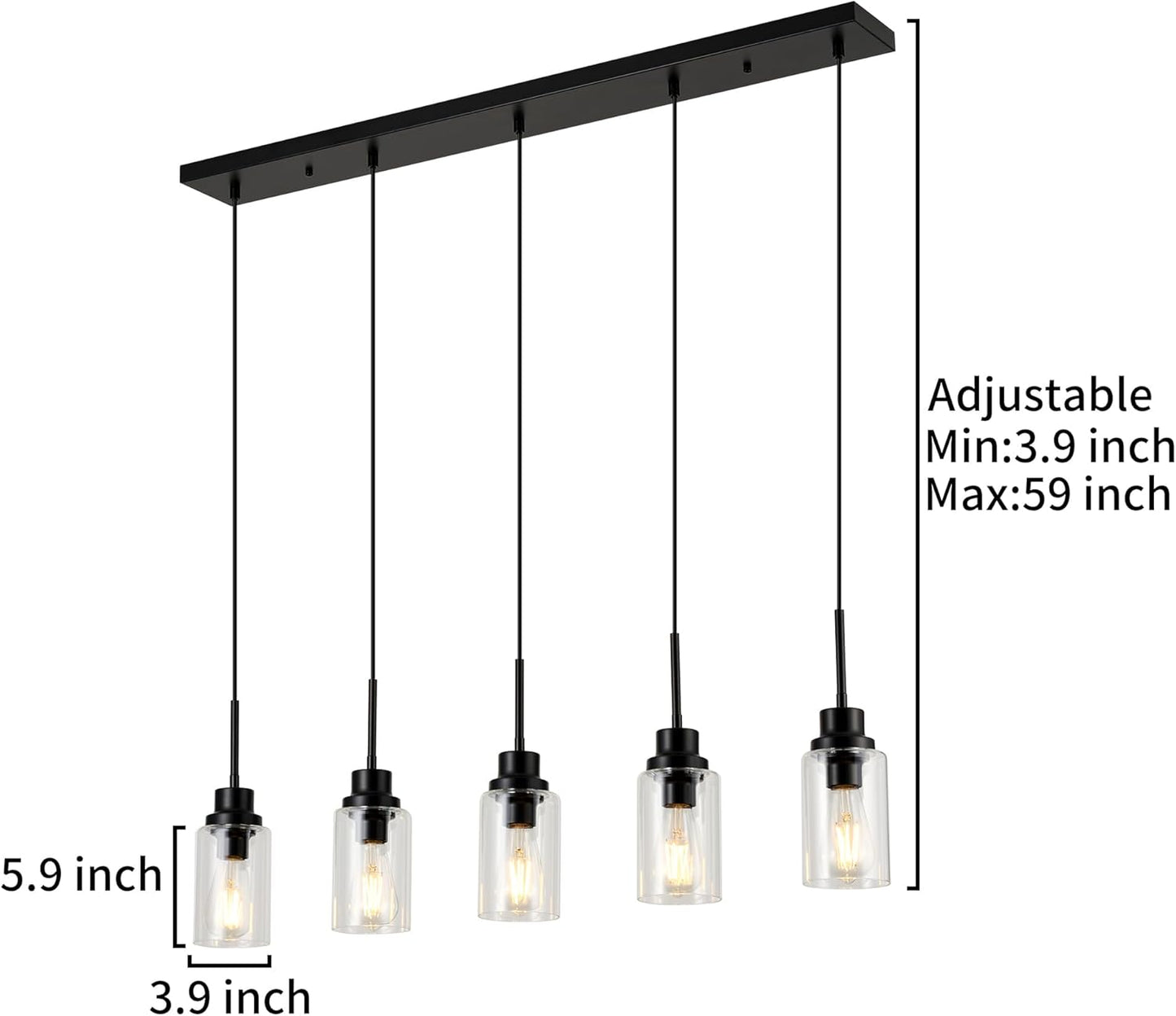 Black Dimmable Pendant Lighting for Kitchen Island, 5-Light Modern Pendant Lights for Kitchen Restaurant Living Room with Clear Glass Shade