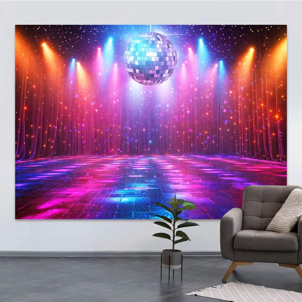 Disco Decorations Backdrop, Retro Glow Party 70s 80s 90s Theme Stage Dance Background Disco Party Decoration, Polyester Banner PartyBackdrop for Birthday Prom Portrait Photo Props 12x10ft
