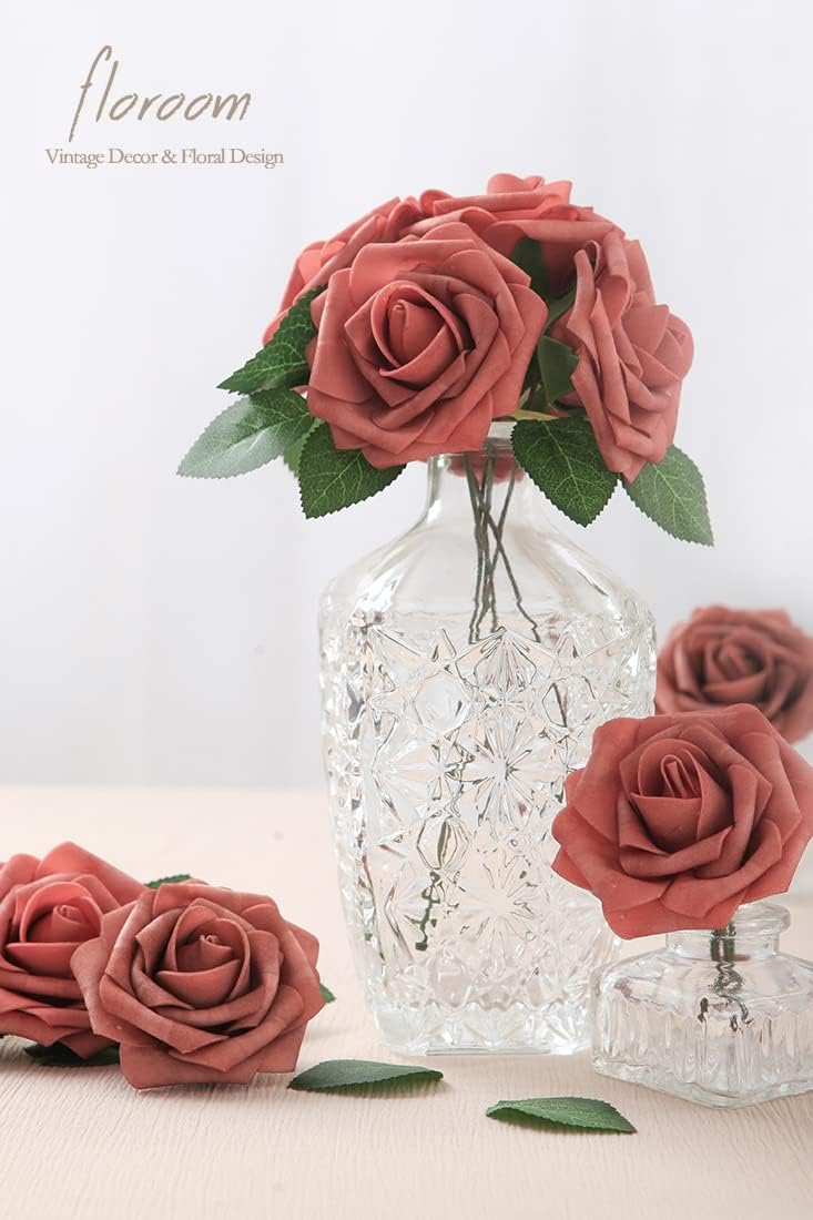 Floroom Artificial Flowers 25pcs Real Looking Dusty Cedar Foam Fake Roses with Stems for DIY Wedding Bouquets Bridal Shower Centerpieces Floral Arrangements Party Tables Home Decorations