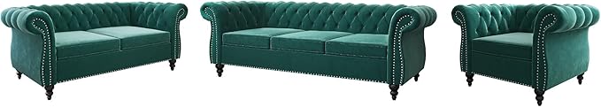 3 Piece Living Room Set, Velvet Chesterfield Sofa Loveseat Couch Chair - Image 9