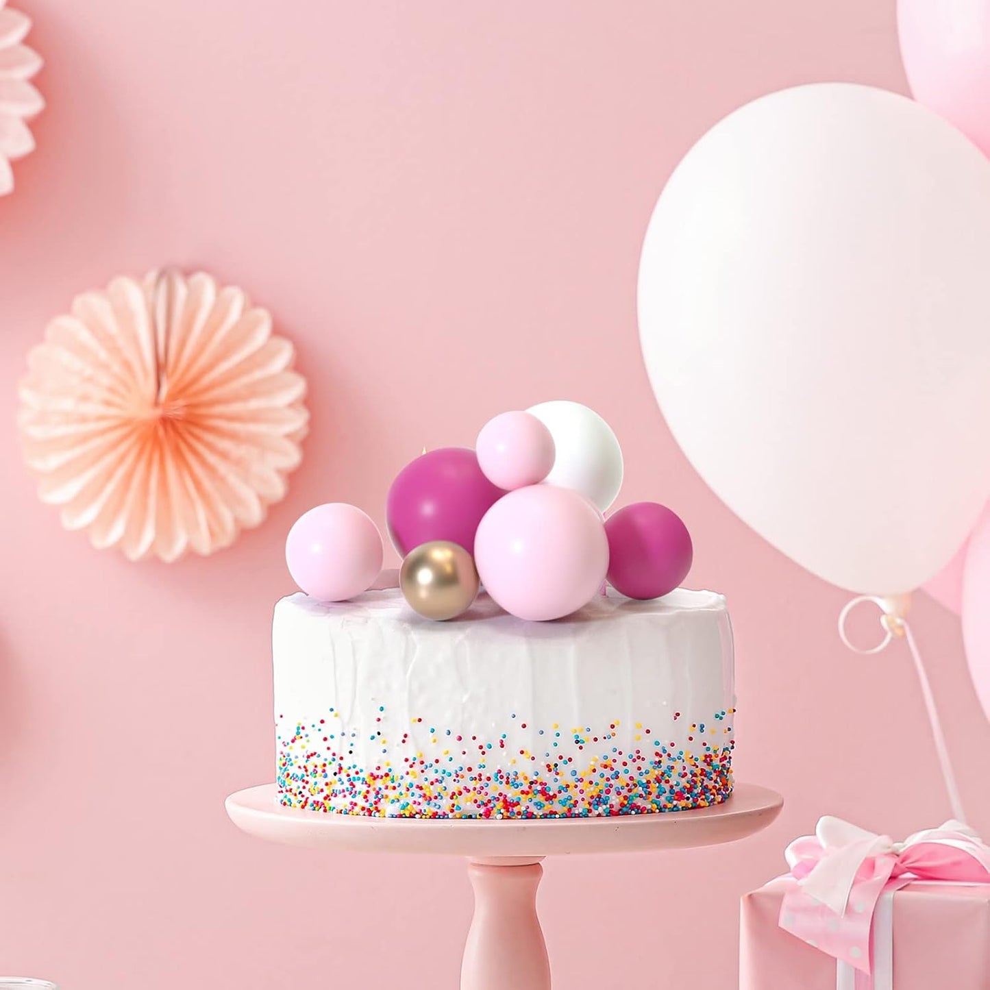 ASTARON 32 Pcs Ball Cake Topper Decorations Mini Balloons Cake Topper Sticks Foam Balls Cake Picks Cake Topper Balls Cake Decorations for Wedding Party Birthday Cake Decorating (Pink Gold)