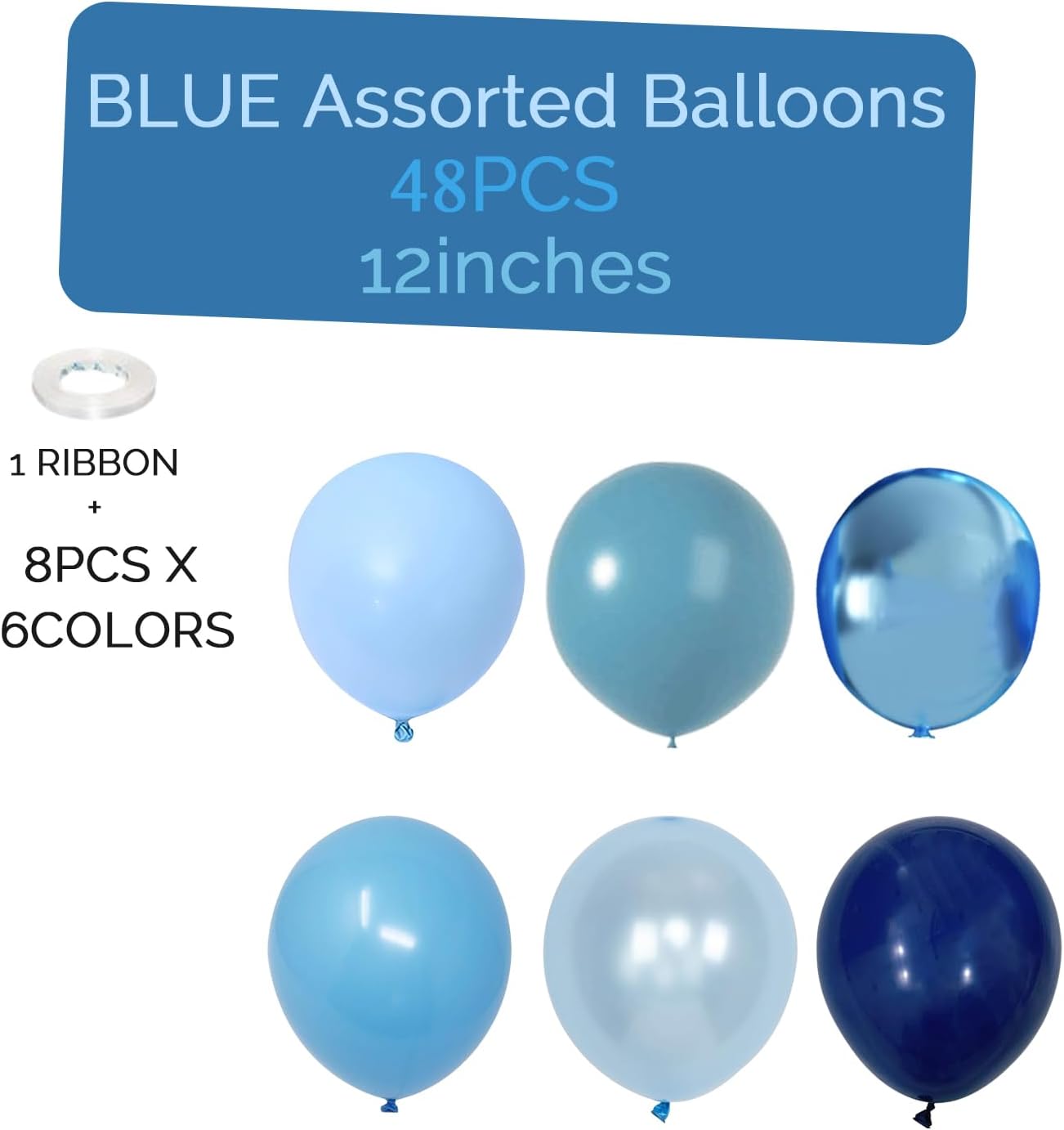 Blue Balloons, Light Blue and Navy Blue Birthday Balloons Party Decorations- 48Pcs 12inch Shades of Baby Blue, Pearl & Metallic Blue Latex Baloons for Balloon Arch Kit - Baby Shower Boy, Men Party