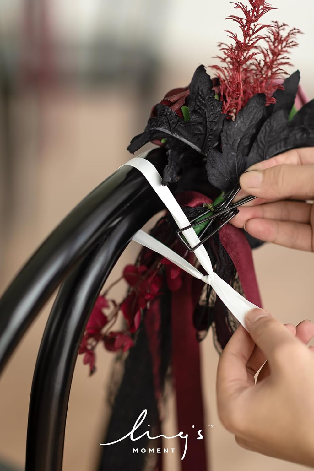 Ling's Moment 8 Wedding Artificial Aisle Pew Flowers Chair Decorations Arrangements with Chiffon Ribbons Black Burgundy for Ceremony Chair Back Floral Decor Reception Church Rose Party Outdoor