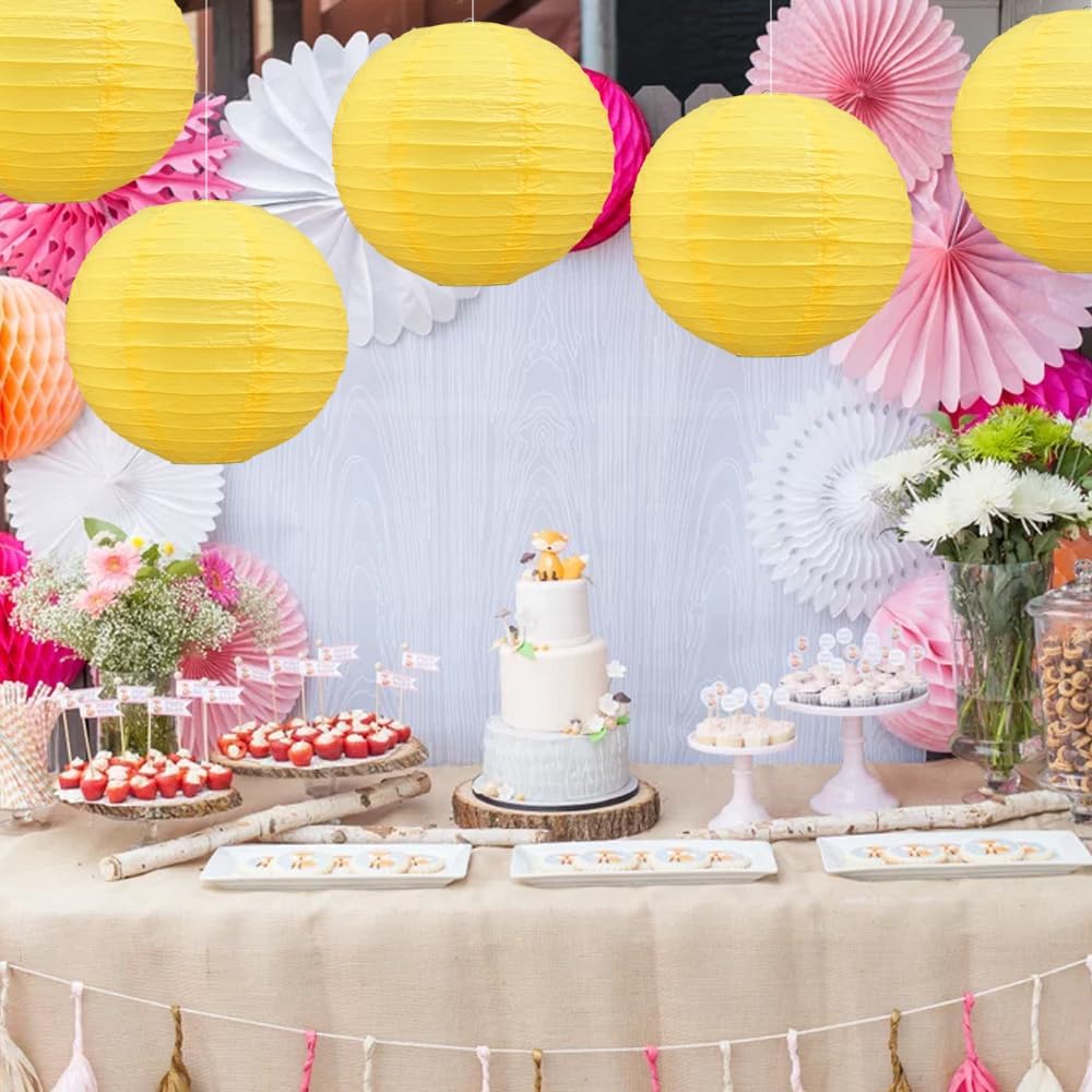 BEISHIDA 12-Inch Yellow Round Paper Lanterns Decorative Hanging Asia Chinese Japanese Paper Lanterns Lamp for Birthday Halloween Wedding Baby Bridal Shower Fall Home Decor Party Decoration(6 Packs)
