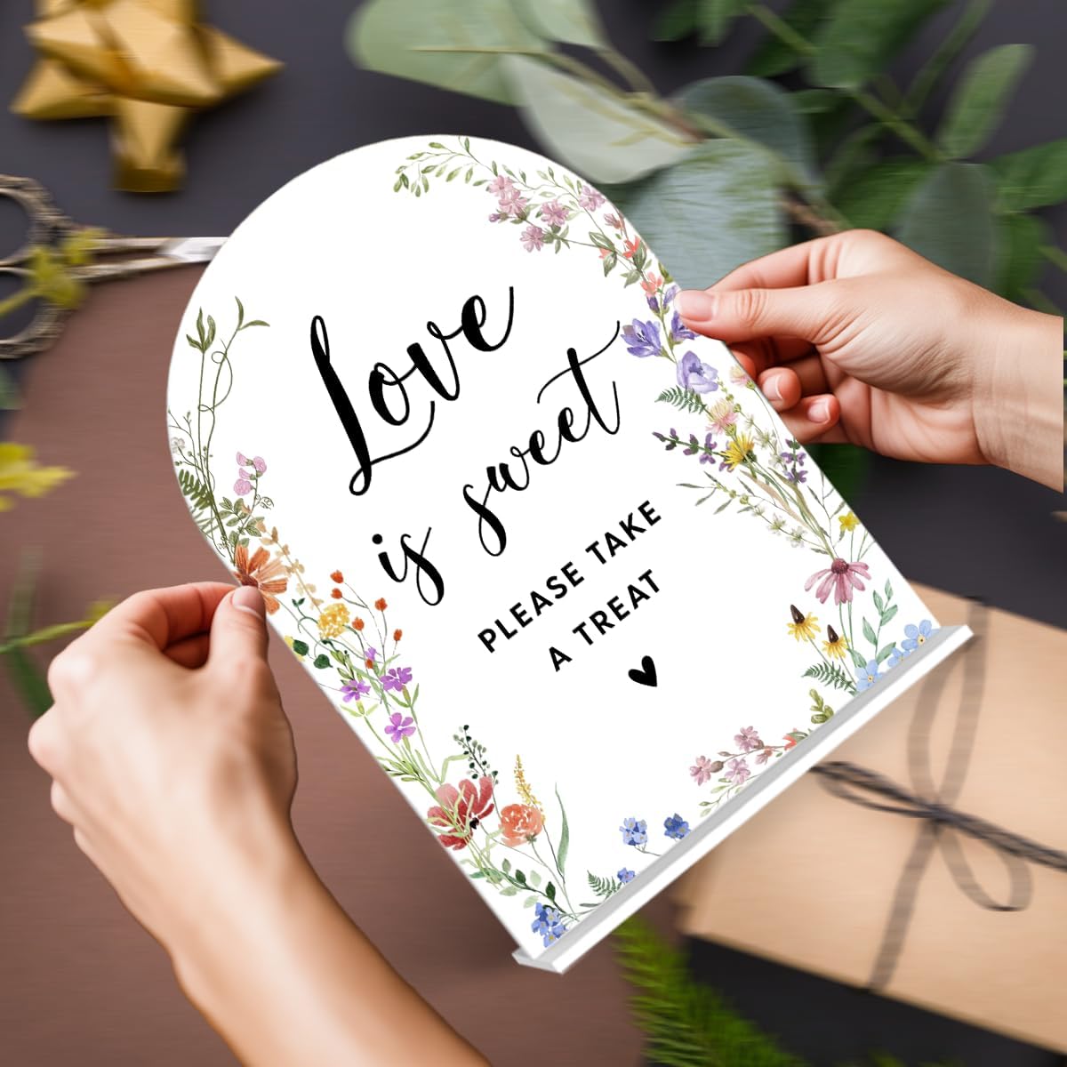 Acrylic Wedding Signs, Love is Sweet Signs for Marriage Reception, Bridal Shower Decorations, Modern Arched Round Top Acrylic Table Top Sign with Holder for Wedding Party Dinner (White Wildflowers)