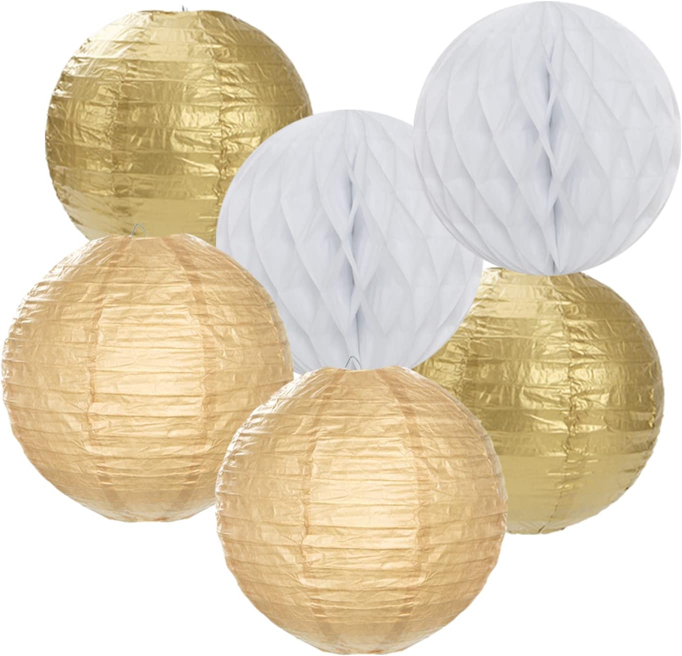 White Gold Party Decorations Streamers - 14pcs Christmas Wedding Engagement Paper Lanterns Fan,Tissue Pom Poms,Honeycomb Balls,Bachelorette Neutral Birthday Baby Bridal Shower Decor Lasting Surprise