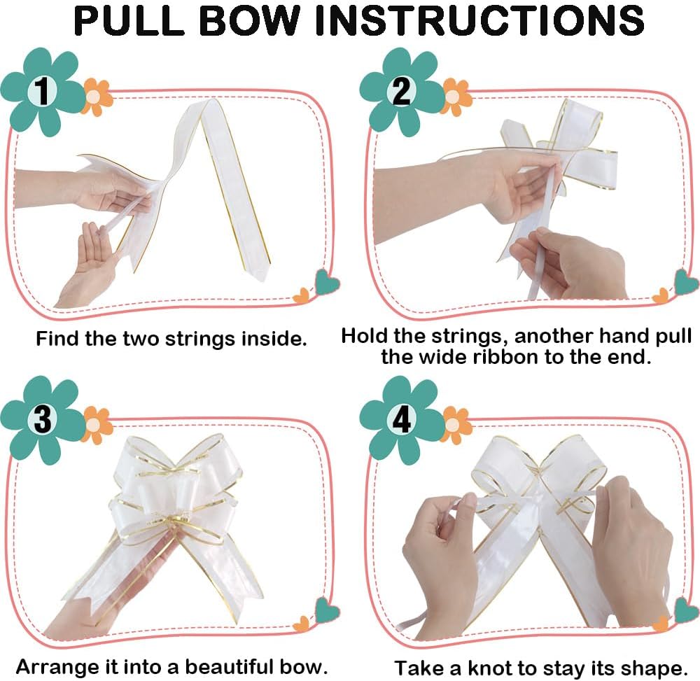 Pull Bows for Gift Wrapping, 15 PCS Large Gift Bow Bulk for Presents Package, Gift Baskets, Christmas, Wedding, and Party Decor (White with Tulle & Gold line, 6 inches)