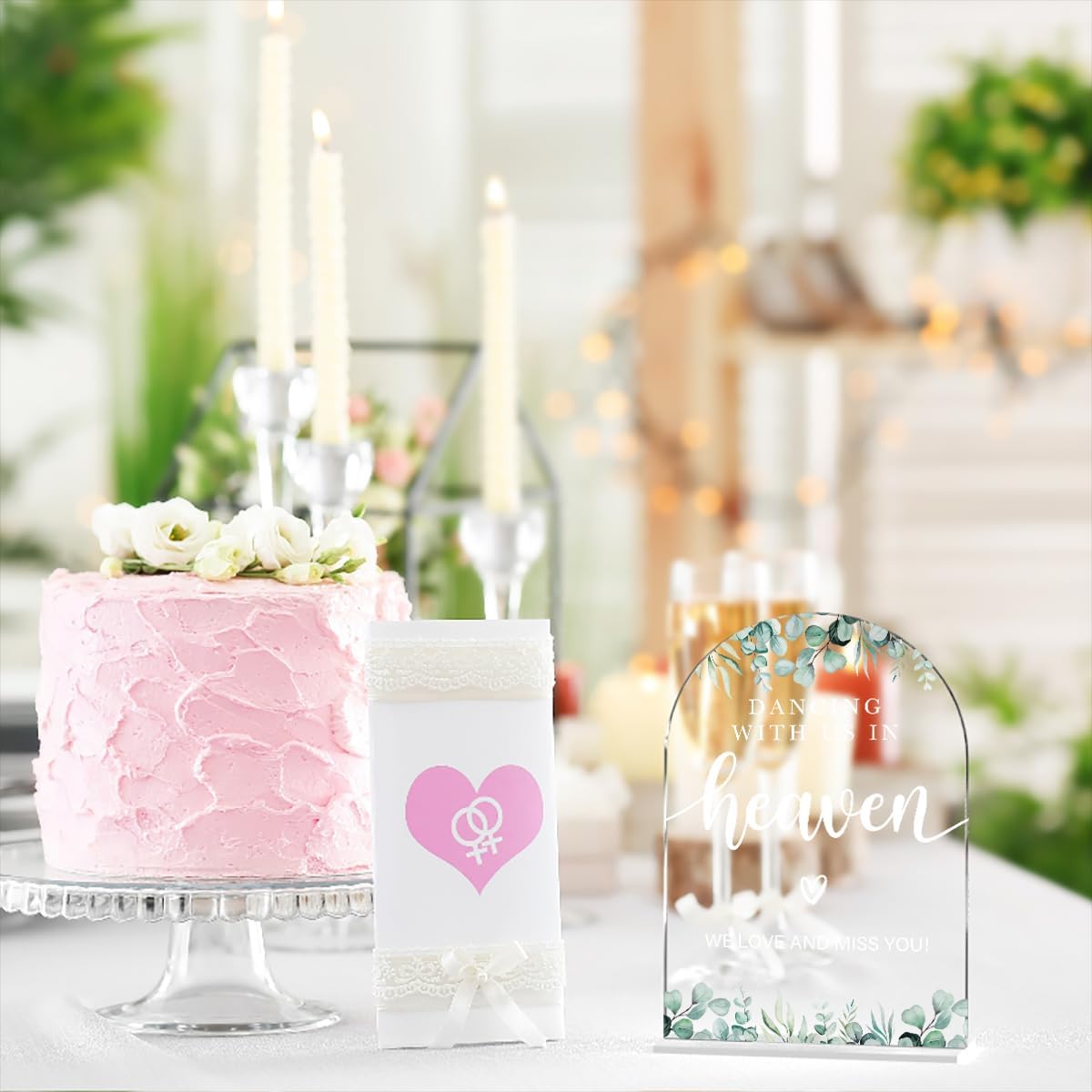 Acrylic Wedding Sign Dancing With Us In Heaven Signs for Ceremony Modern Calligraphy Arch Acrylic Table Top Signs for Wedding Reception and Event Party Table Decor (Eucalyptus Leaves)