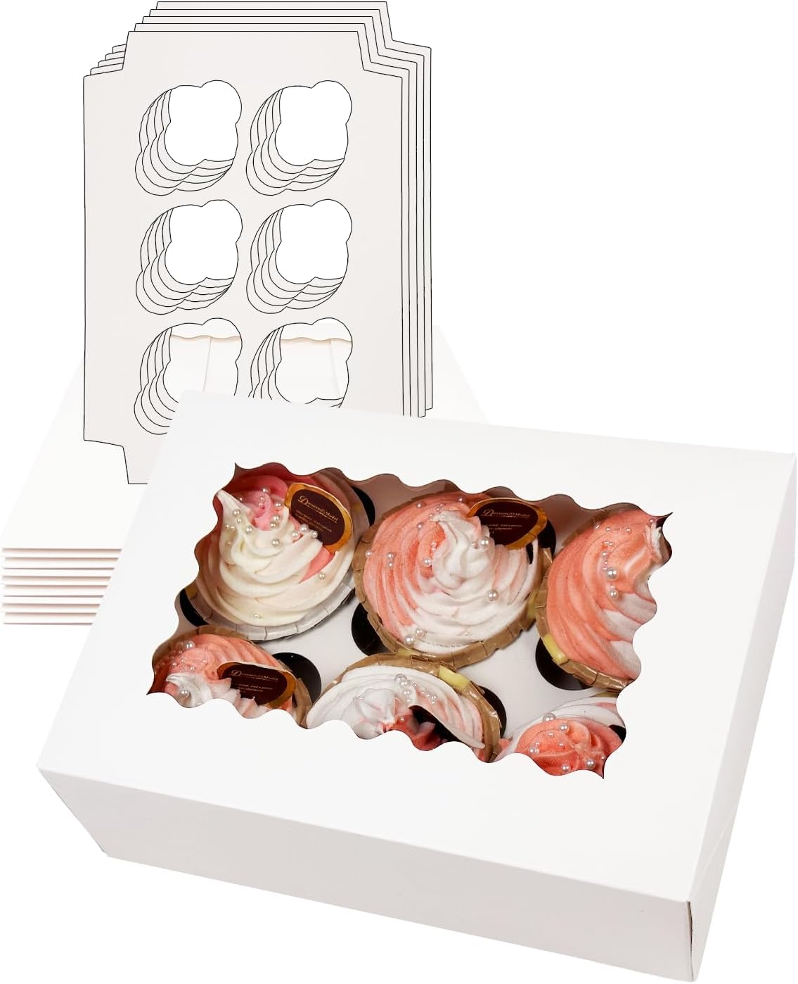 Bakepacker Auto-pop up 6 Cupcake Boxes with Window 20 Count White Box 9.4 x 6.1 x 3 inch Cupcake Carrier