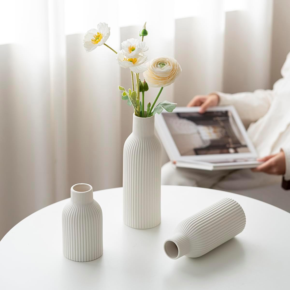Modern Ceramic Vases Set of 3, White Ribbed Decorative Vases, Shelf Table Centerpiece for Home Decor (White)