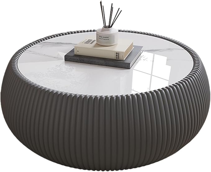 SSLine Round Drum Coffee Table Modern Sintered Stone Top Coffee Table in Grey - Image 8