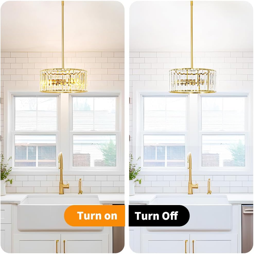 Gold Crystal Chandelier for Dining Room, 3-Light Modern Semi Flush Mount Ceiling Pendant Light Fixture, Round Pendant Lights Kitchen Island, Chandelier for Living Room Bedroom Hallway Entryway, E12