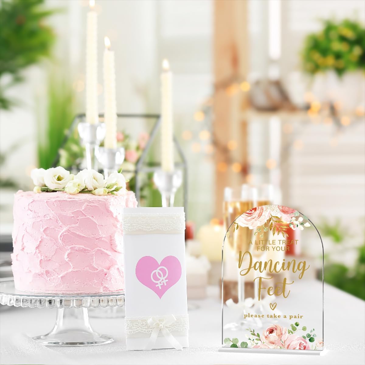 Acrylic Wedding Signs, Bridal Shower Decorations, Dancing Feet Signs for Reception, Modern Calligraphy Arch Acrylic Table Top Sign for Wedding Reception and Engagement Parties (Clear Pink Flowers)