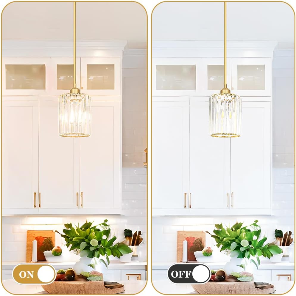 Gold Kitchen Pendant Lights Over Island with Adjustable Rods - Crystal Pendant Lighting Fixtures 3 Pack, Ideal Over Dining Table or Bar, E26 Bulb Compatible, No Electrician Needed