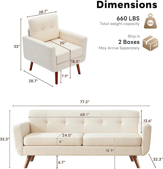 Tbfit Mid Century Modern Sofa Couch, Standard Sofa & Accent Chair | linen fabric - Image 2
