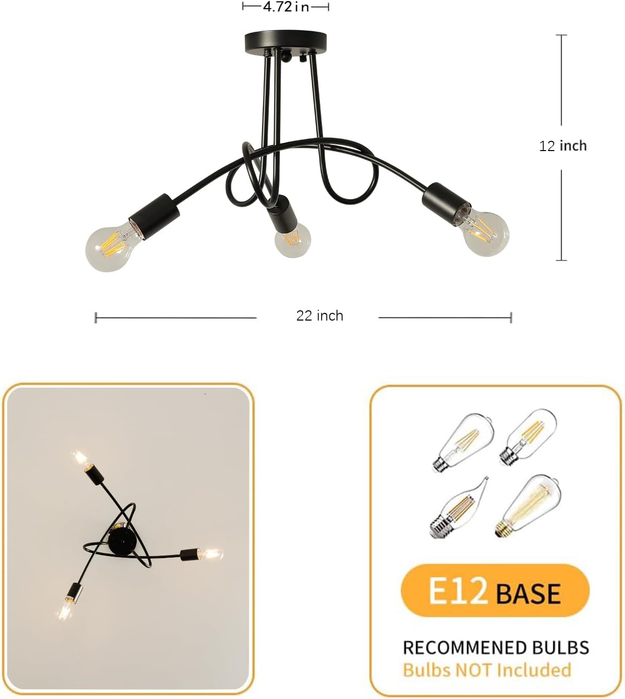 Modern Farmhouse Chandelier,22 Inch Black Metal Spiral Rustic Vintage Semi Flush Mounted Ceiling Light Fixture for Dining Room Bedroom Kitchen Island Hallway Foyer Entryway(3-Light)