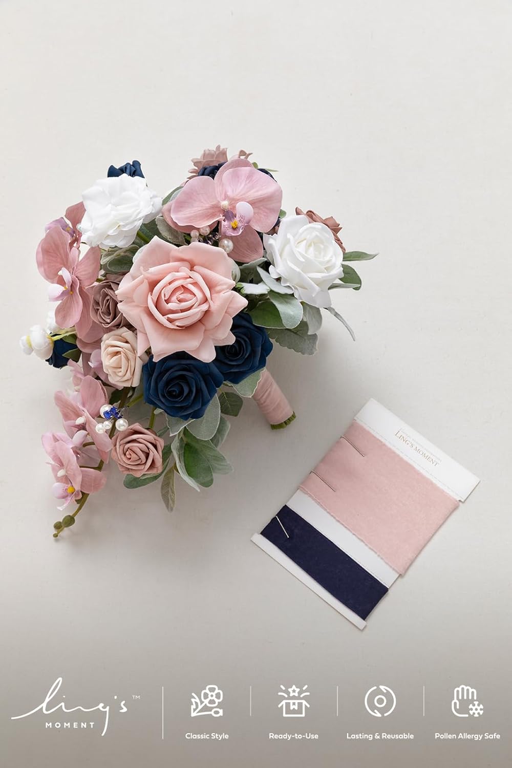 Ling's moment Pink Blue Bridal Bouquet Cascading, Dusty Rose Navy Wedding Bouquets for Bride, 13 Inch Bride Artificial Flowers Bouquets