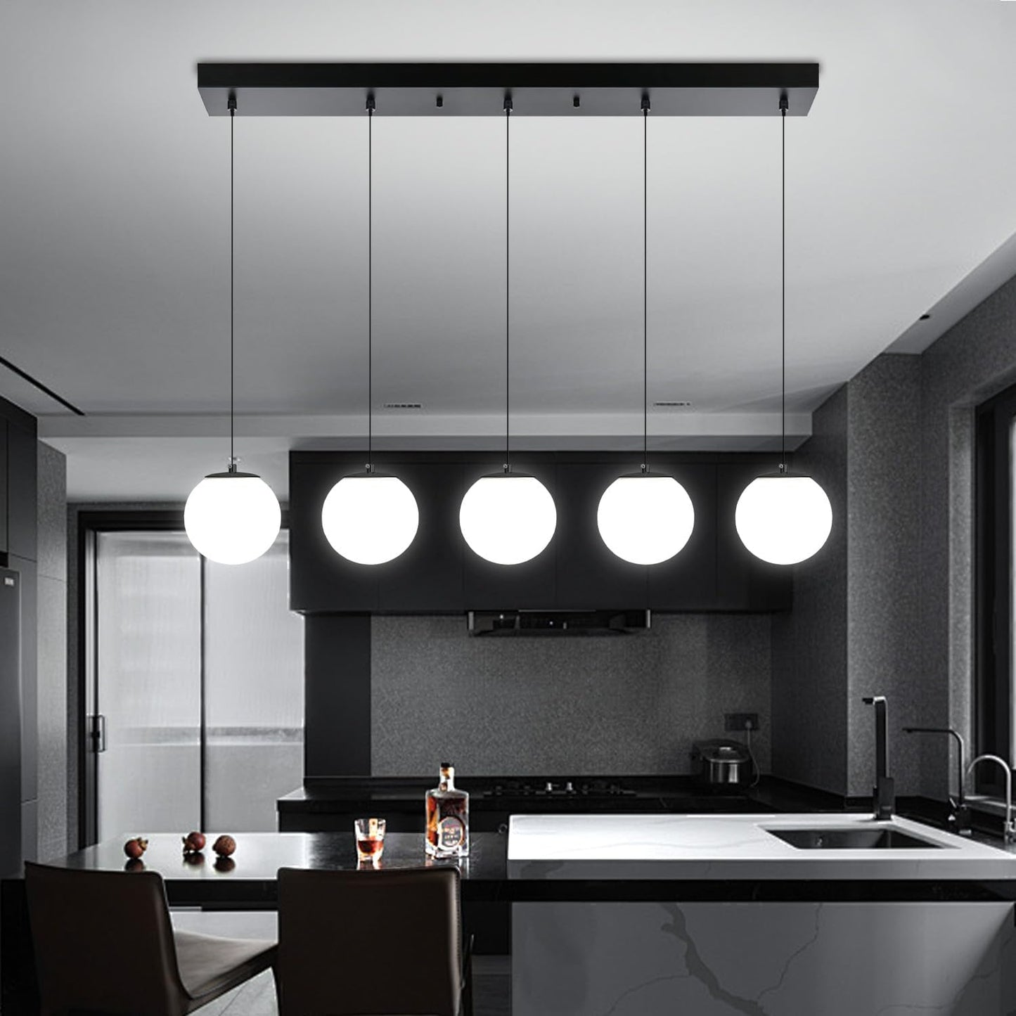 5-Lights Globe Pendant Light for Kitchen Island H 98" Black Rectangle Chandelier Milk White Glass Pendant Lighting for Living Room Bedroom Entryway