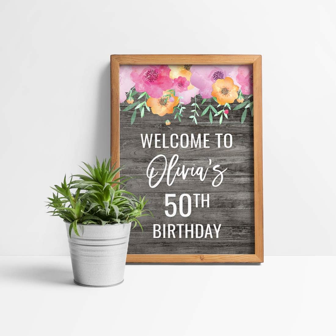 Andaz Press Personalized Extra Large Birthday Easel Board Party Sign, 12x18-inch, Pink Floral Flowers on Gray Rustic Wood, Welcome to Olivia's 50th Birthday, 1-Pack, Custom Name Age