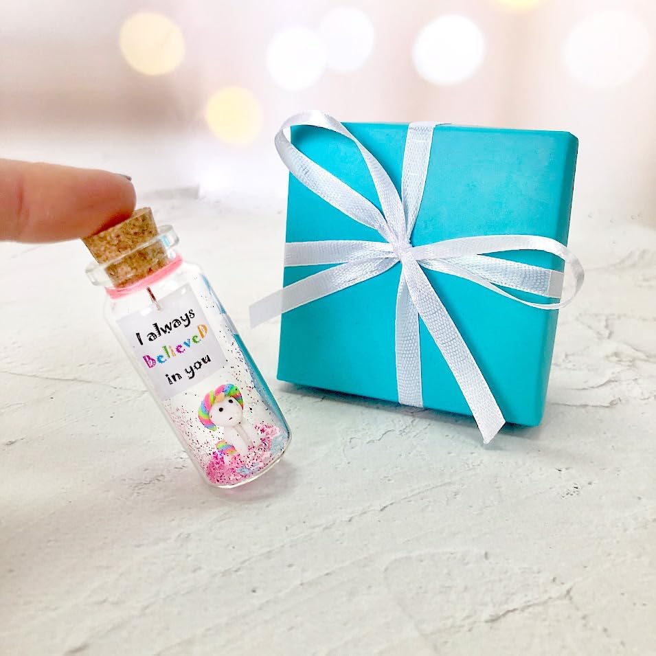 Kseniya Revta Inspirational Message in a Bottle Gift Idea - Classy Gifts for Friends and Family - Unique Boyfriend Girlfriend Presents (White Unicorn - I Always Believed in You, in Teal Gift Box)