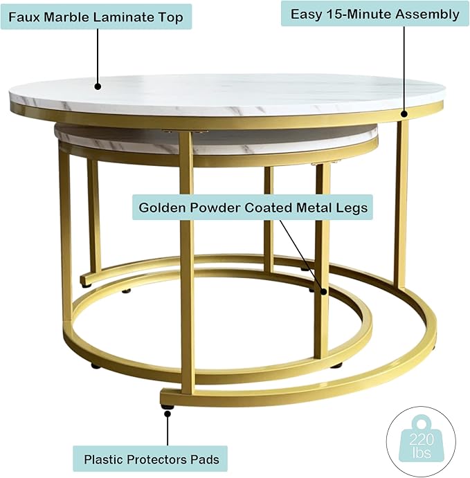 AT-VALY Coffee Table Set of 2 Nesting Tables, Round Sofa Table - Image 9