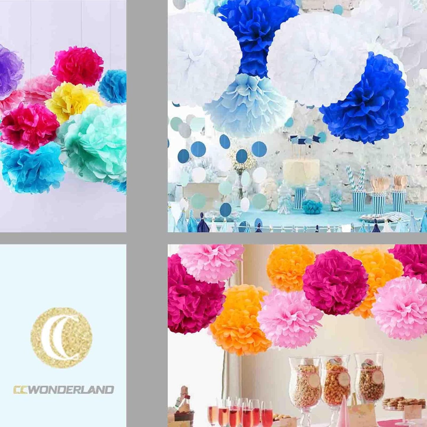 Black Green White Paper Pom Poms - Party Tissue Paper Flowers Balls - Party Hanging Decoration Supplies - Size of 10inch, 12inch, Pack of 12